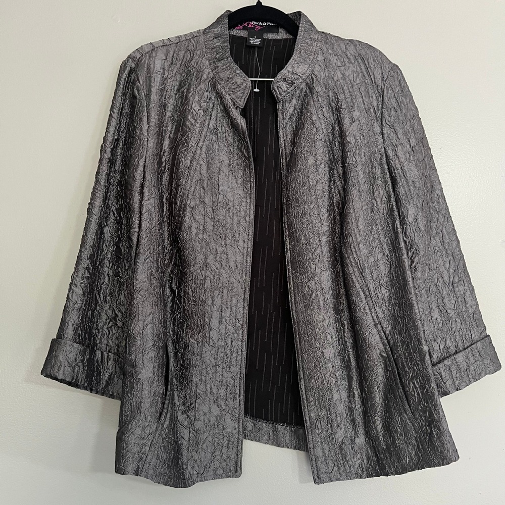 Peck & Peck Womens Large Pewter Grey‎ Metallic Crinkle Open Front Topper Jacket